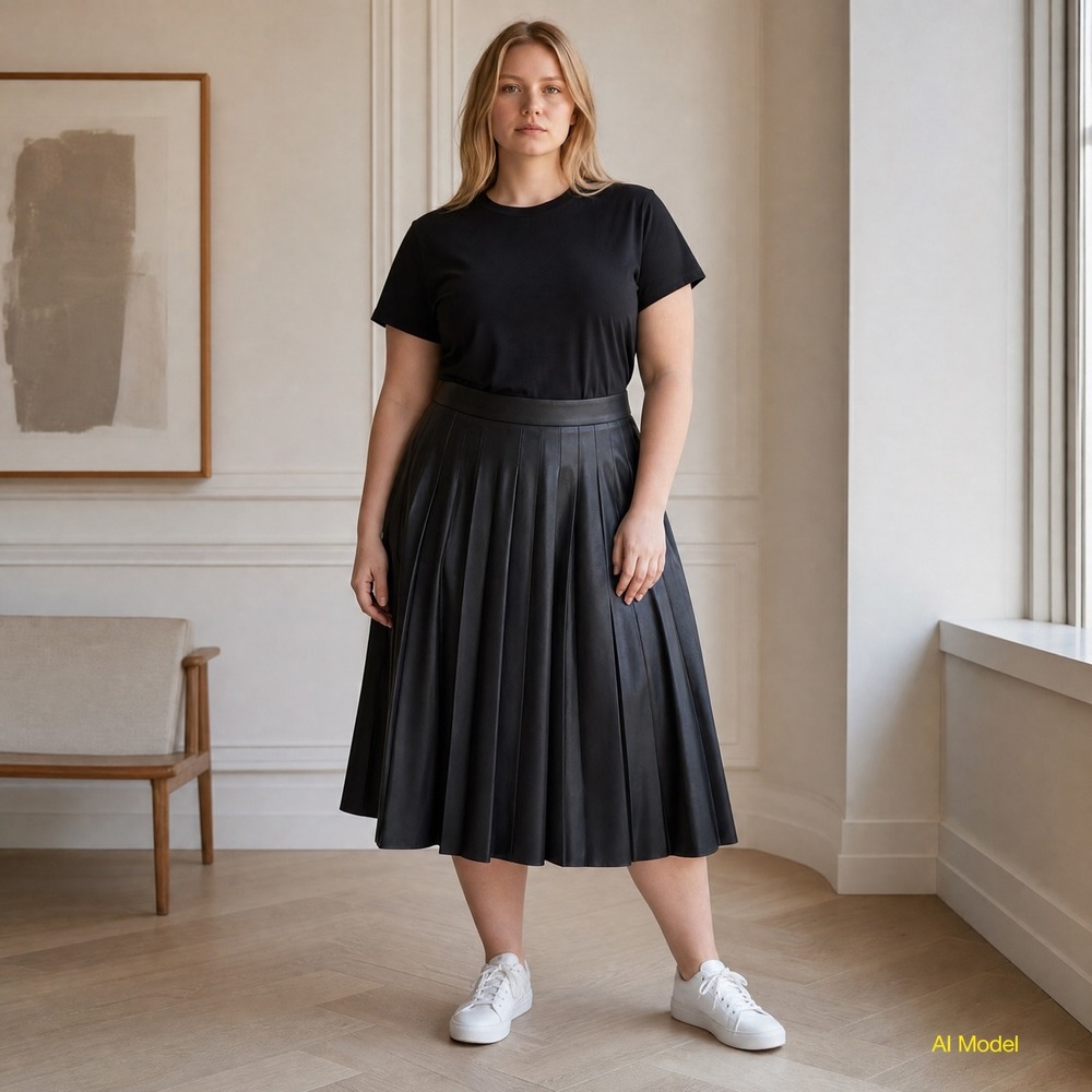 Lane Bryant Pleated Skirt Women 26 Black Faux Leather Midi High Waist‎ 060600